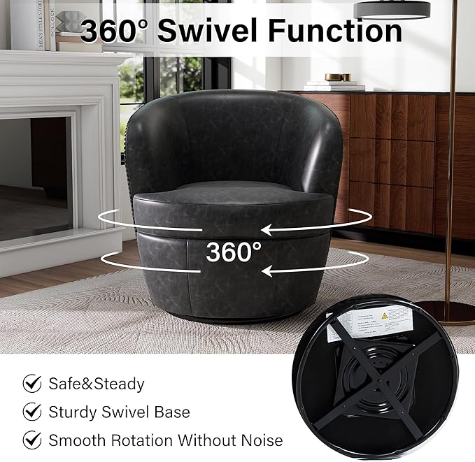 Swivel Barrel Chair, Modern Round PU Leather Accent Armchair for Living Room, Bedroom, Comfy Club Reading Chairs for Adults (Leather Black Grey, Set of 2)