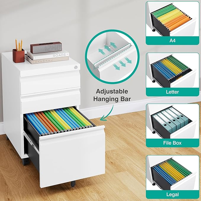 3 Drawer File Cabinet with Wheels,Under Desk File Cabinet with Lock,White Rolling Filing Cabinets,Three Drawer Metal Filing Cabinet for Home Office,Fit A4/Letter/Legal,Fully Assembled Except Caster