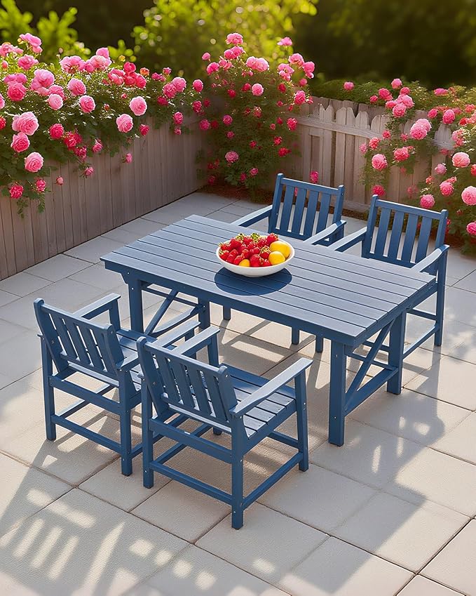 QUASCO Outdoor Patio Dining Table Set, 5-Piece Outdoor HDPE Dining Furniture Sets with Umbrella Hole Table and 4 Chairs, All Weather for Backyard, Garden, Poolside, Lawn, Navy
