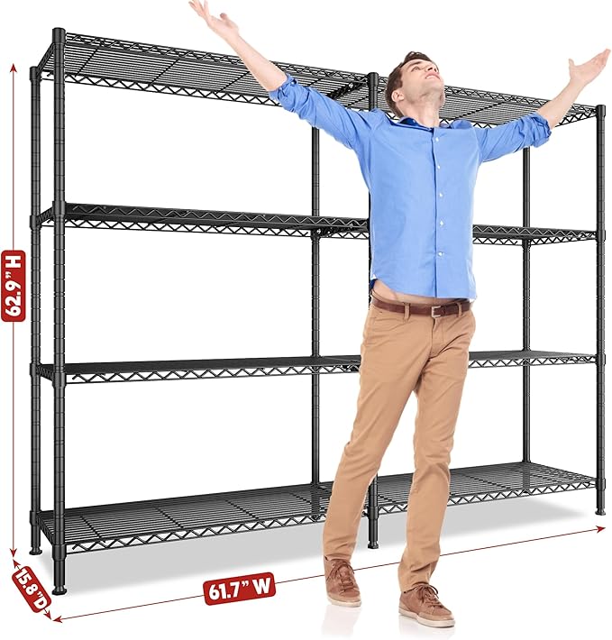 REIBII 61.7''W Storage Shelves Load 1220LBS Wire Shelving Unit 4 Tier Metal Shelving for Storage Rack Shelves Heavy Duty Garage Shelf Pantry Shelves Kitchen Shelving, 61.7" W*62.9" H*15.8" D, Black