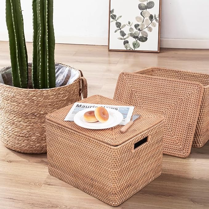 Rattan Basket With Lid, Large Lidded Basket For Storage(17.72" L×17.72" W×11.81" H)