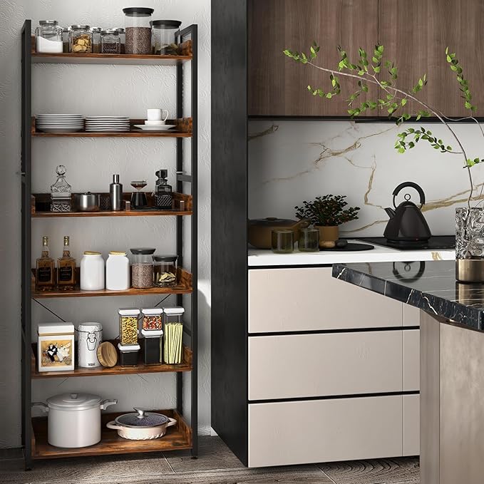 Tangkula 6-Tier Bookshelf, 70” Tall Industrial Bookcase w/Open Shelves & 4 Hooks, Storage Rack w/Metal Frame, Vintage Standing Display Rack for Study Living Room Kitchen (1, Rustic Brown)