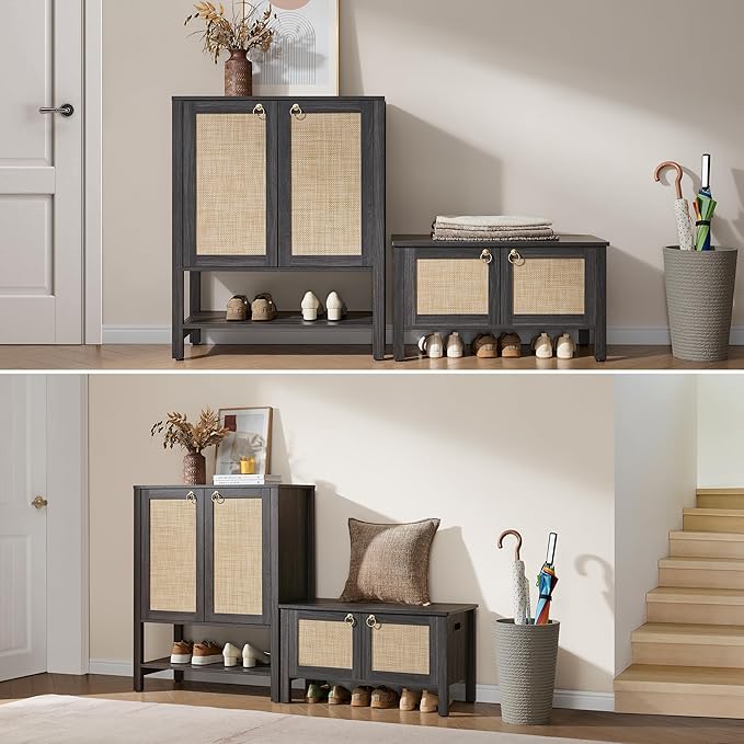 SICOTAS Shoe Storage Cabinet for Entryway - 5 Tier Rattan Entry Shoe Organizer Cabinet with Shelves & Doors, 2 Pieces Farmhouse Boho Tall Shoe Rack for Hallway, Living Room, Closet (Obsidian)