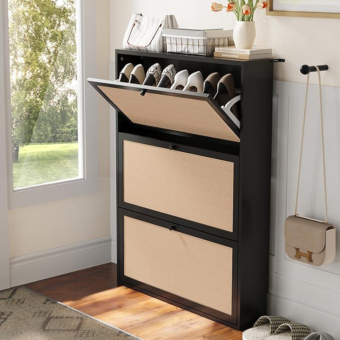 Shoe Storage Cabinet with 3 Flip Drawers, Narrow Wood Shoes Cabinet with Linen Doors Drawer, Freestanding Shoe Organizer Slim Shoe Cabinet Storage Shoe Rack for Entryway Hallway (Black)