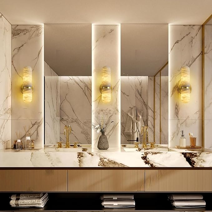 Alabaster Wall Sconces, 13" Glod Wall Sconce, Modern Bathroom Sconces Lighting, Black Spanish Natural Marble Sconce for Living Room, Bedroom, Stairs, Hallway
