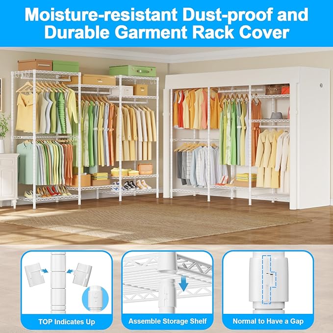 Ulif E13C Heavy Duty Closet Organizer System，Freestanding Clothing Racks for Hanging Clothes，Adjustable Garment Rack 63" W x 16" D x 77" H Hold 960 lbs，White Clothing Rack with White Dustproof Cover