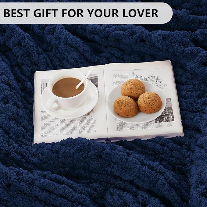L'AGRATY Chunky Knit Blanket Throw - Soft Throw Blanket 60x80: 100% Hand Kintted Chenile Crochet Throw Blanket for Couch - Large Cable Knit Blanket for Home Decor(Dark Blue)