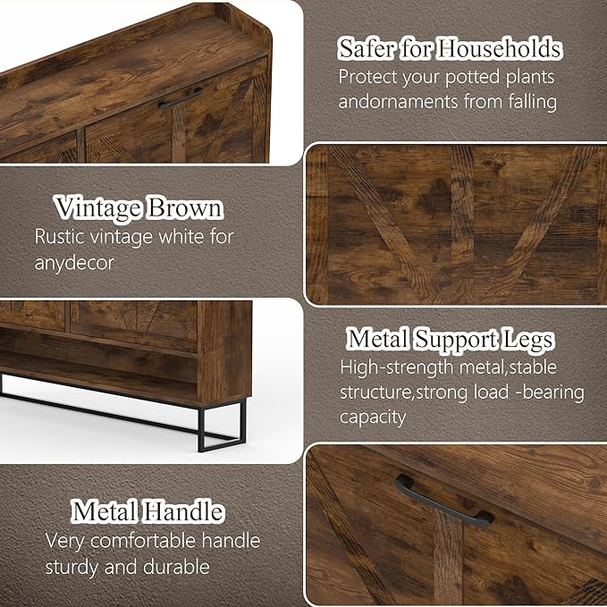 MISHAO Shoe Storage Cabinet with 4 Flip Drawers, Narrow Hidden Shoe Cabinet for Entryway, Freestanding Slim Shoe Rack Organizer with Metal Legs, Rustic Brown