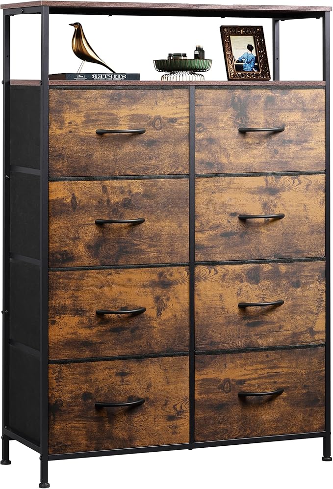 WLIVE Fabric Dresser for Bedroom with Open Shelves, Tall Dresser with 8 Drawers, Storage Tower with Fabric Bins, Chest of Drawers for Closet, Hallway, Rustic Brown Wood Grain Print