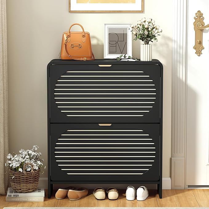 Curved Narrow Shoe Storage Cabinet for Entryway with 2 Flip Drawers, Wood Shoe Cabinet with Arched Panel, Freestanding Shoe Organizer Closed Shoe Rack for Hallway, Foyer, Black