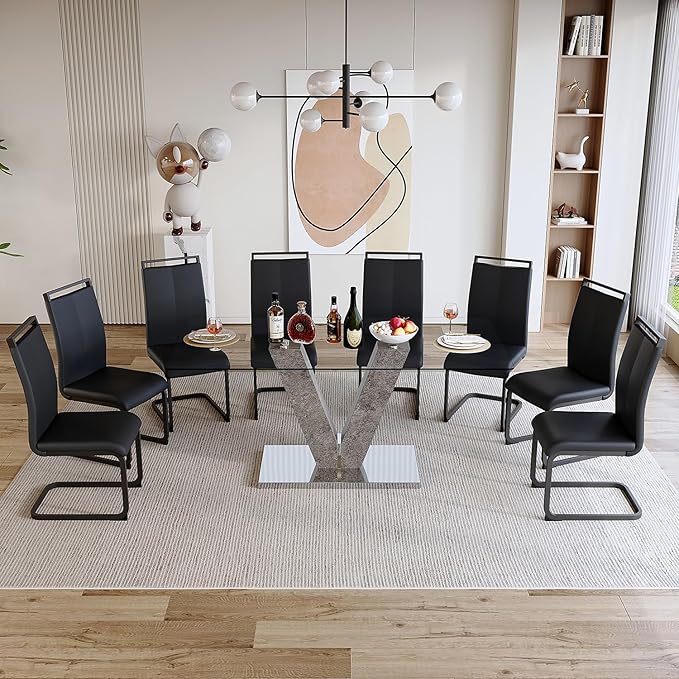 Glass Dining Table Set for 8,Modern Dining Room Table Set,Rectangular Transparent Glass Kitchen Table with 8 Black PU Leather Dining Chairs,Ideal for Kitchen Living Room