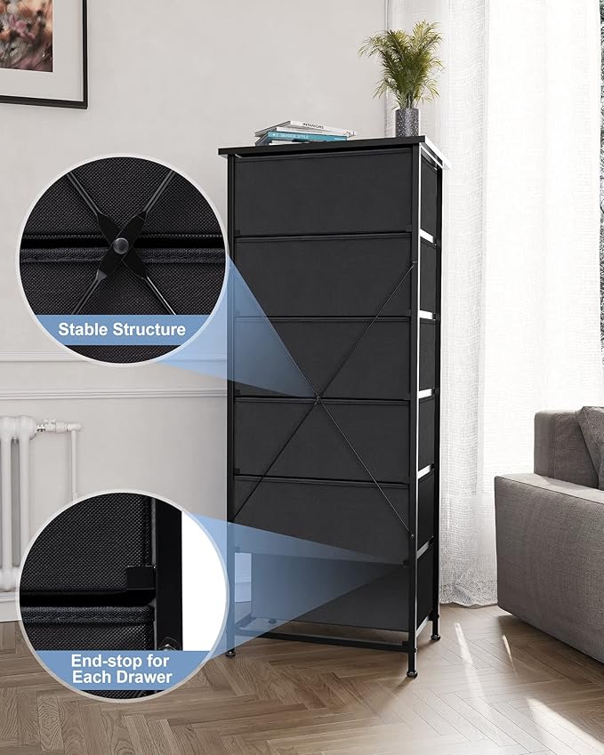Crestlive Products Vertical Dresser Storage Tower - Sturdy Steel Frame, Wood Top, Easy Pull Fabric Bins, Wood Handles - Organizer Unit for Bedroom, Hallway, Entryway, Closets - 6 Drawers (Black)