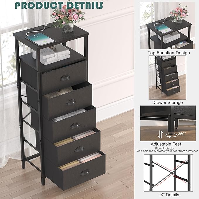 Nightstand with Charging Station,LED Black Nightstands with 5 Fabric Drawers PU Finish, Bedside End Tables, 2-Tier Open Storage Shelf Side Table Nightstand with Drawers for Bedroom, Black