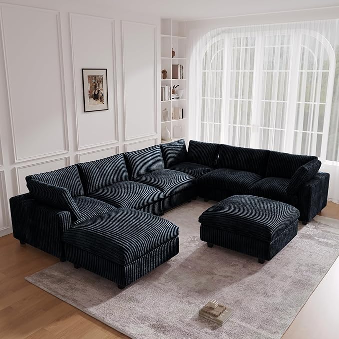 JACH 157" Modern Sectional Couch, Overzised Down Filled Soft Sofa, Deep Seat 8 Seater Convertible Modular Cloud Sofas for Living Room, Minimalist Couches,Sofa Cover Removable, Black