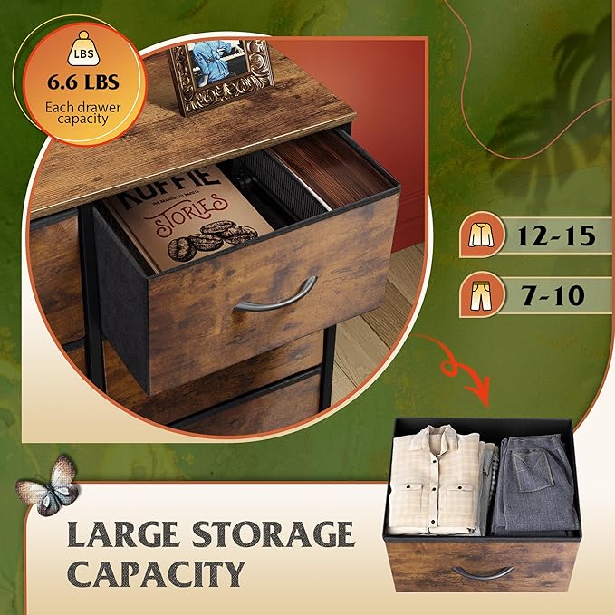 WLIVE Fabric Dresser for Bedroom, Tall Dresser with 8 Drawers, Storage Tower with Fabric Bins, Double Dressers, Chest of Drawers for Closet, Living Room, Hallway, Dorm, Rustic Brown Wood Grain Print