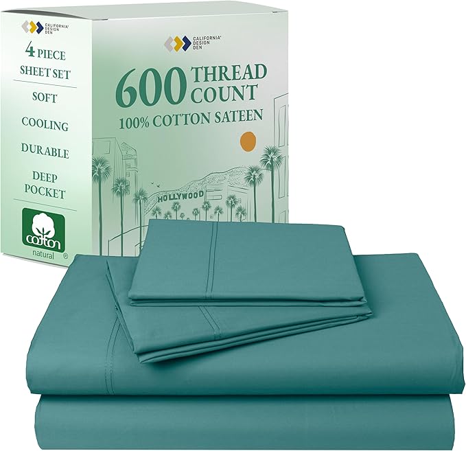 California Design Den Deep Pocket Queen Sheet Set - Luxury 600 Thread Count 100% Cotton Sheets Sateen, Cooling Queen Size Sheets Deep Pocket Set, Hotel-Quality Sheet Set Queen Size Cotton - Teal
