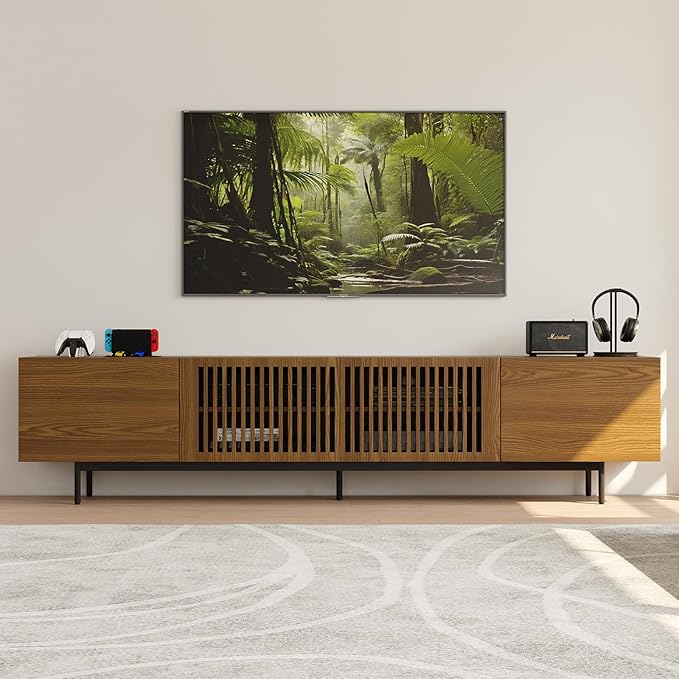 POVISON Full Assembled Mid-Century Modern TV Stand with Slatted Doors, Wood Media Console for 80 85+ Inch TV, TV Console with Tall-cast Metal Legs, Entertainment Center with Storage for Living Room