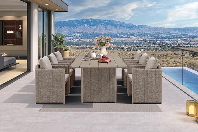 PURPLE LEAF 7 Pieces Patio Dining Furniture Set Modern Outdoor Furniture Set Aluminum Dining Table and Chairs with Olefin Cushions Pillows for Garden Backyard Kitchen Beige