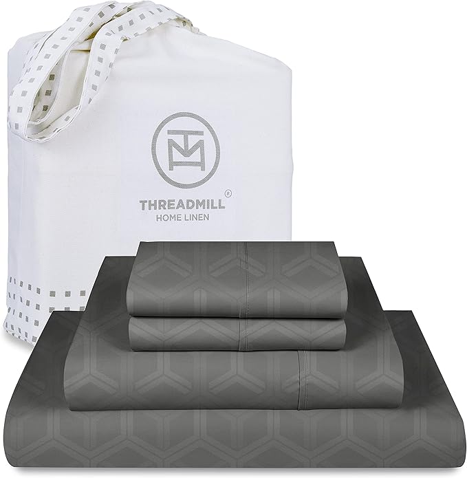 Threadmill 100% Cotton Sheets for King Size Bed - 600 Thread Count King Bed Sheets Set with 16” Deep Pocket - Jacquard Sateen Weave 4-Piece Bedding Set with Cooling Effect, Dark Grey