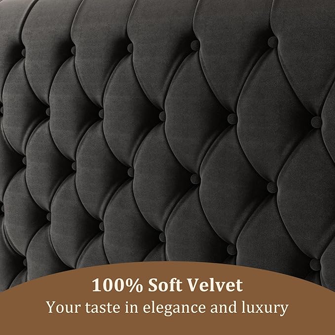 57.5" Tall Queen Upholstered Bed Frame with Rolled Headboard and Footboard, Plaform Bed Frame with Deep Button Tufting, Soft Chenille Fabric, Noise Free, No Spring Box Needed, Black