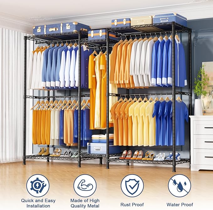 Ulif E12 Clothes Rack，Heavy Duty Freestanding Garment Rack with Shelves，Metal Clothing Closet Storage System for Hanging Clothes，71" W x 16" D x 76.5" H, Hold 960 lbs，Black