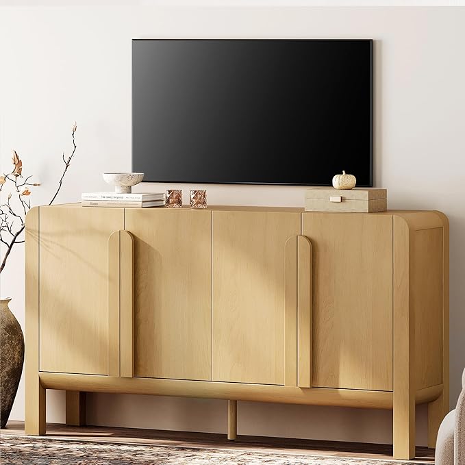 WAMPAT Modern TV Stand for TVs Up to 75 inches, 63" W Farmhouse Entertainment Center with Adjustable Shelf and 4 Doors, Media Console Table TV Cabinet for Living Room, Oak