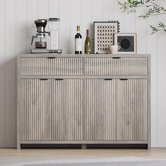 Fluted Sideboard Buffet Cabinet with Storage and Large Drawers, 55" W Credenza Storage Cabinet for Living Room or Entryway, 40'' H Farmhouse Buffet Table with Adjustable Shelves, Console Cabinet