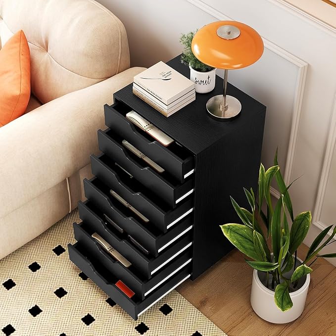 LOKO 7-Drawer Storage Cabinet, Versatile Drawer of Chest with Lockable Wheels, Mobile Office Lateral File Cabinet, for Home Office, Study (Black, 16" D x 19.5" W x 34.5" H)