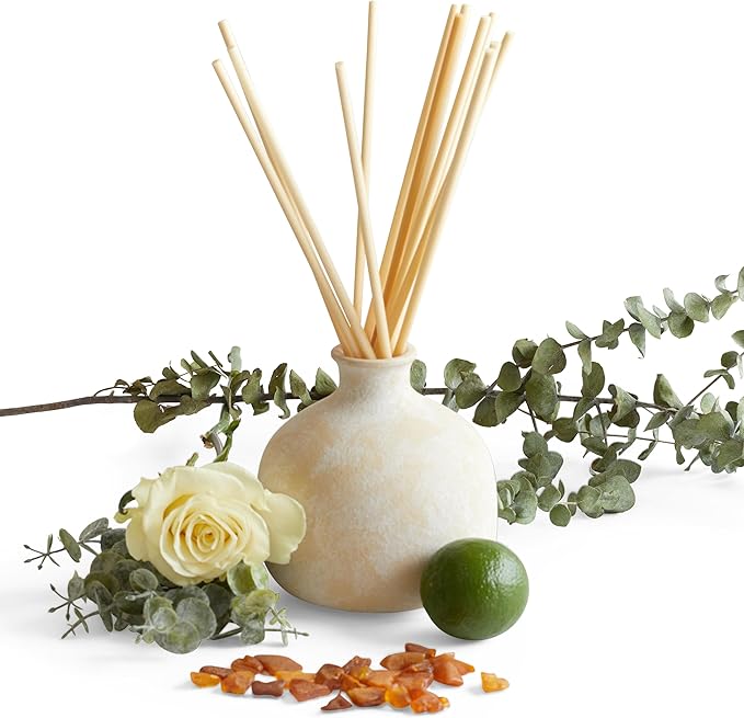 BLUEME Focus-Eucalyptus & Lime, 5.92 Fl Oz Wellness Diffuser, Contains Essential Oil, Sustainable, Hand Finished, Premium, Luxury Ceramic, Natural Rattan Reeds