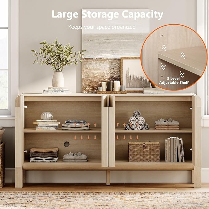 WAMPAT Modern TV Stand for TVs Up to 120 inches, 126" W Farmhouse Entertainment Center with Adjustable Shelf and 4 Doors, Media Console Table TV Cabinet for Living Room, Light Oak