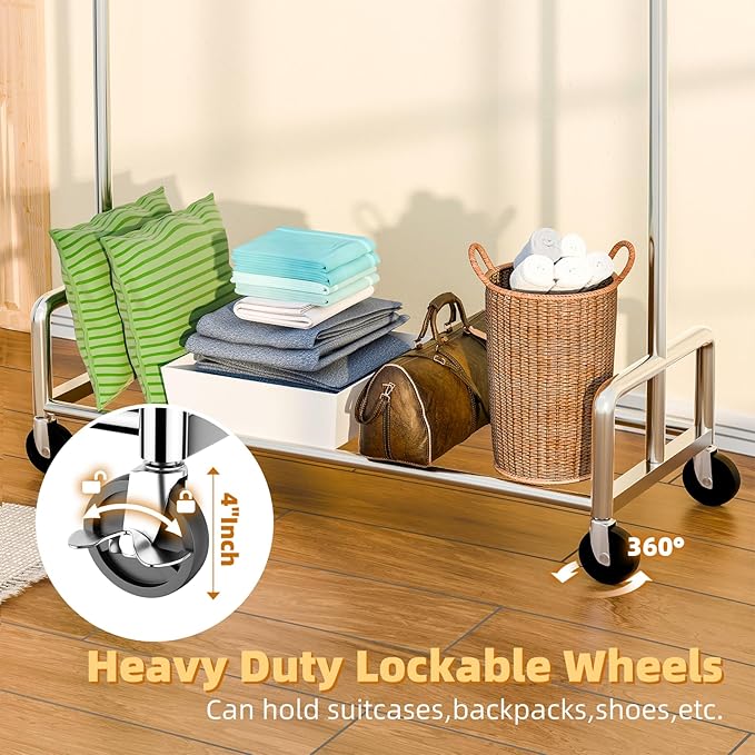 Simple Trending Heavy Duty Clothing Clothes Rack with Wheels for Hanging, Metal Rolling Garment Rack Organizer Load 500 LBS, Chrome