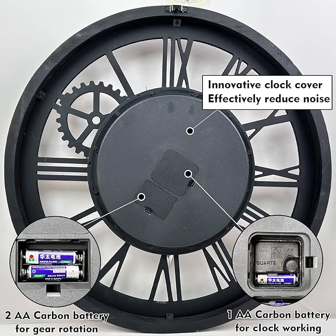 The B-Style Large Wall Clock 24 inch Moving Gear Wall Clock Oversized Vintage Farmhouse Wall Clocks for Living Room Decor Rustic Industrial Wood Clock (Silver Gray and Bronze)