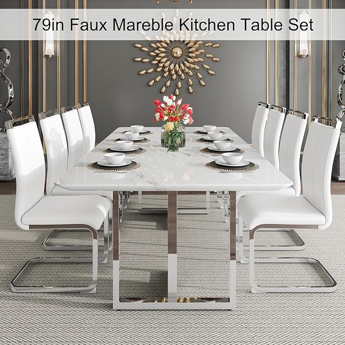 79'' Modern Dining Table Set for 10,White Kitchen Table Set,Luxury Dining Table Set with 1.8-inch Thick Faux Marble Table Top＆10 Pu Leather Upholstered Chairs Ideal for Dining kicken Room