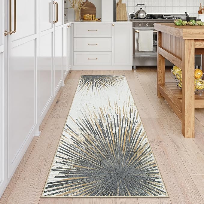 Lahome Modern 2.5x8 Rug Runners for Hallways Non Slip - Ultra-Thin Washable Kitchen Runners, Abstract Print Low-Pile Carpet Rug for Living Room Foyer Entryway (Gold/Gray, 2'5''x8')