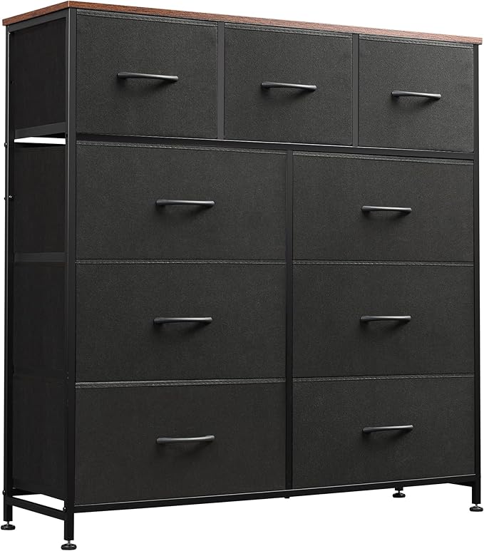 WLIVE 9 Drawer Dresser, Fabric Storage Tower for Bedroom, Hallway, Closet, Tall Chest Organizer Unit for Bedroom with Fabric Bins, Steel Frame, Wood Top, Easy Pull Handle, Black and Rustic Brown