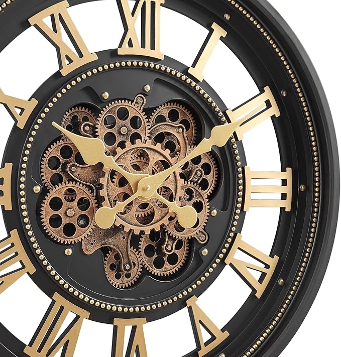CLXEAST 24 Inch Wall Clock with Moving Gears, Large Roman Numeral Gear Clock for Living Room Decor,Modern Black& Gold Finish,House Warming Gifts New Home