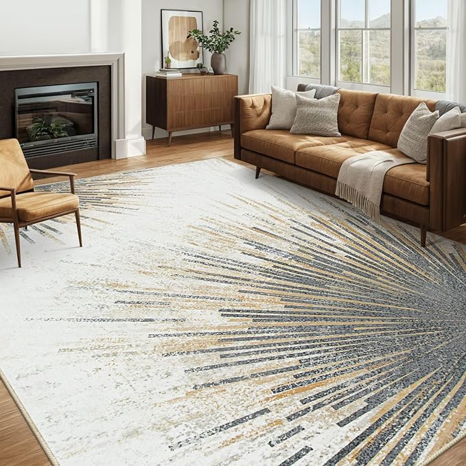 Lahome Modern Large Living Room Rug - Machine Washable Area Rug 6x9 Non-Slip Soft Bedroom Carpet, Abstract Print Indoor Throw Ultra-Thin Carpet for Dining Room Table Office Home (Gold/Gray, 6'x9')