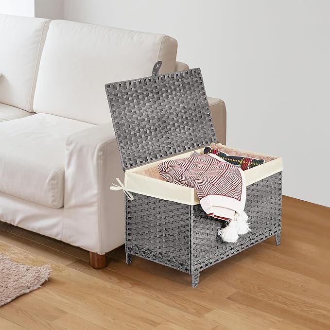 Wicker Storage Basket with Lid,Rattan Shelf Basket with Removable Liner Bag,105L Storage Bin,Storage Trunk with Heightened Feet,Storage Container for Wardrobe,Home Organizer