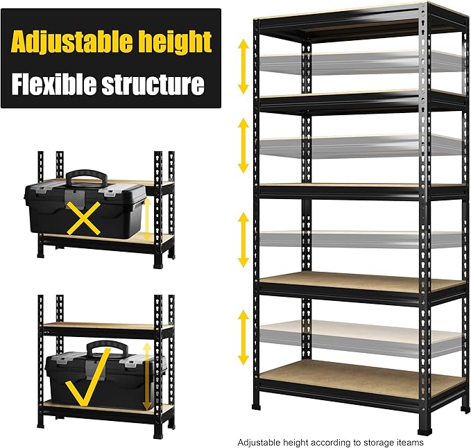 PrimeZone Heavy Duty Garage Storage Shelves, 31.5" W x 16" D x 63" H Adjustable Gargae Shelving, 5 Tier Metal Shelving Unit, Storage Shelf Utility Rack Organizer for Garage, Warehouse, Pantry, Black