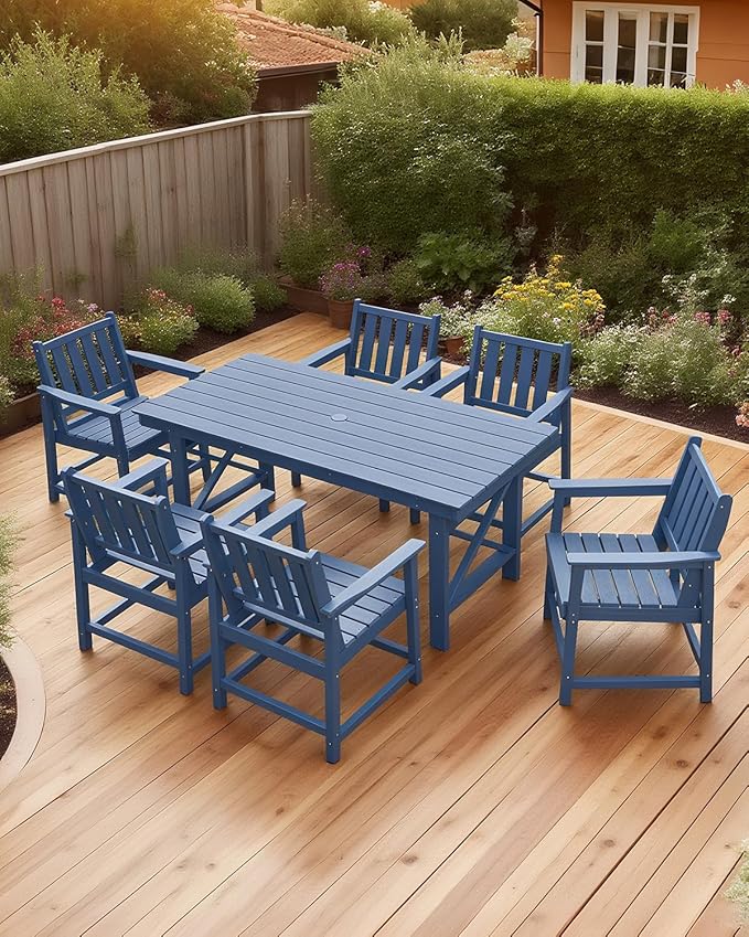 QUASCO Outdoor Patio Dining Table Set, 7-Piece Outdoor HDPE Dining Furniture Sets with Umbrella Hole Cut-Out Table and 6 Chairs for Patio, Garden, Backyard, Lawn and Poolside, Navy