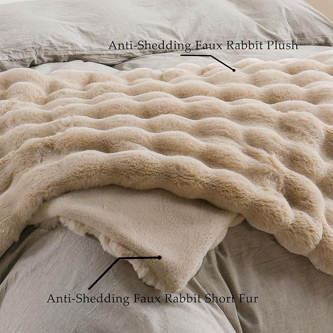 BENVWE Faux Fur Throw Blanket for Couch - Cozy Fuzzy Soft Plush Fluffy Thick Luxury Minky Bubble Blanket for Living Room Home Decor- Mothers Day Birthday Gifts for Women, Beige, 51" x 63"
