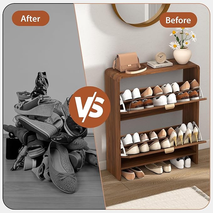 Curved Narrow Shoe Storage Cabinet for Entryway with 2 Flip Drawers, Wood Shoe Cabinet with Arched Panel, Freestanding Shoe Organizer Closed Shoe Rack for Hallway, Foyer, Walnut