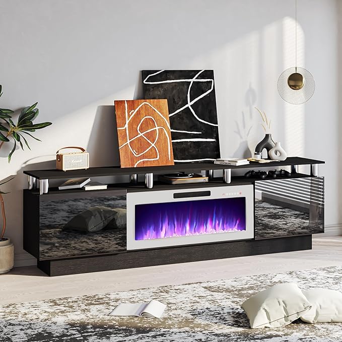 80" Modern Fireplace TV Stand with 36" Electric Fireplace for TVs Up to 90 inch, Luxury LED Light Entertainment Center with High Gloss Cabinet, Black + Silver Posts with White Fireplace