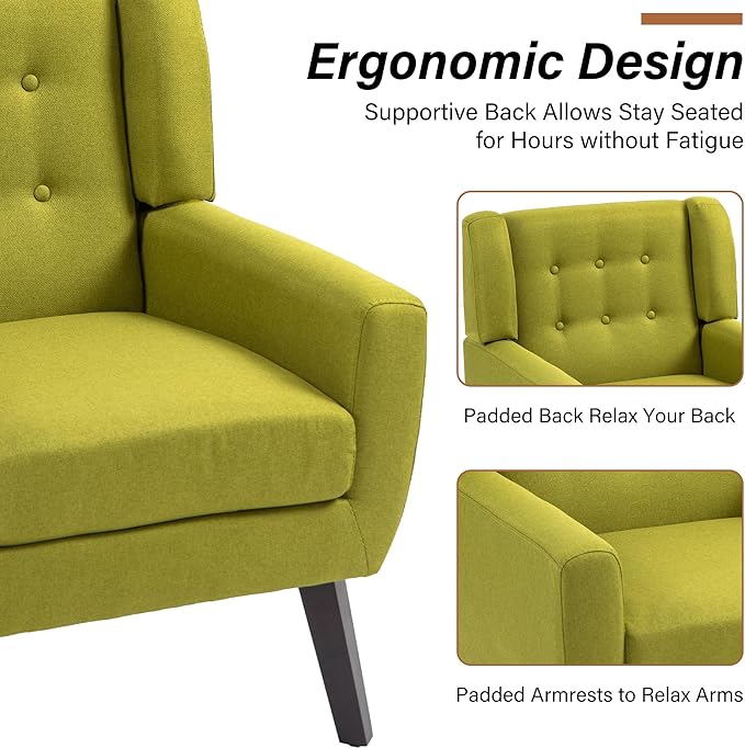 Accent Chairs Set of 2, Modern Fabric Armchairs for Living Room, Comfy Upholstered Arm Chairs Tufted for Indoor Bedroom Office Room (Green)