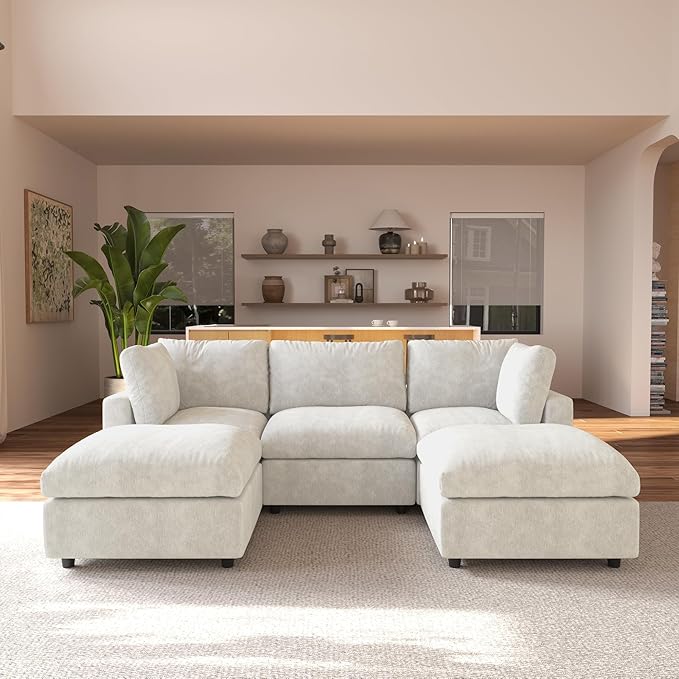 JACH U Shape Sectional Couches for Living Room, Convertible Modular Sofa with Ottomans, Cloud Sectional Couch, Sofa Covers Washable, Minimalist Couch for Living Room, Apartment, Beige