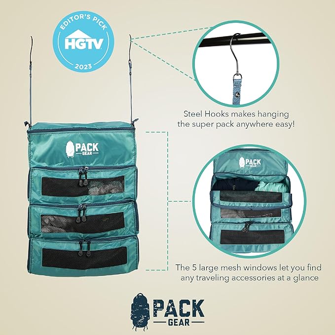 Pack Gear Hanging Carry-On Organizer - Our Fitted Hanging Luggage Organizer Perfectly Fits Any Carry On - Our Packing Cubes For Travel Use Mesh Windows to Make Finding Clothes Easy (Green, M)