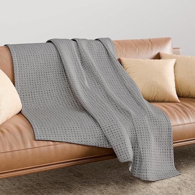 Full/Queen Light Gray 100% Cotton | Lightweight | Breathable | Anti-Odor | Warm & Cozy | Perfect for Layering | Waffle Weave Throw Blanket for Bed & Couch | All-Season Bedding