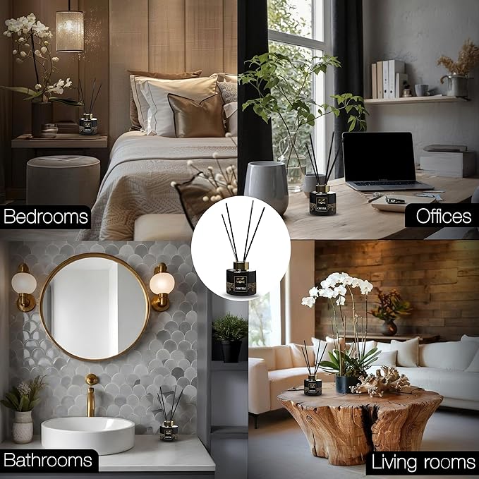 Luxury Jasmine NICHE Reed Diffuser Set 5.41 fl oz Long Lasting Home Fragrance Aromatherapy Diffuser with 6 Sticks Black Gold Bottle for Bedroom Bathroom Living Room Office Home Décor (Crystal)