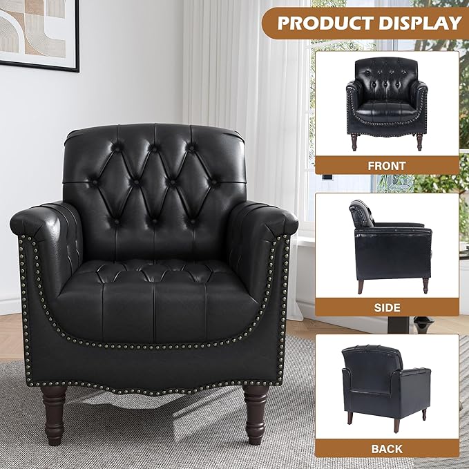 UIXE Faux Leather Accent Chairs Set of 2, Comfy Club Chair Upholstered Armchair for Living Room, Button Tufted Arm Chair Retro Single Sofa Side Reding Seat for Bedroom - Black Blue