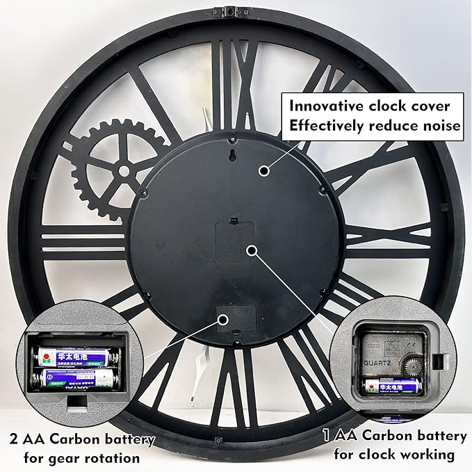 The B-Style Large Real Moving Gears Wall Clock 30 inch Rustic Retro Industrial Farmhouse Wood Clock Oversized Decorative Vintage Wall Clocks for Living Room (Black)